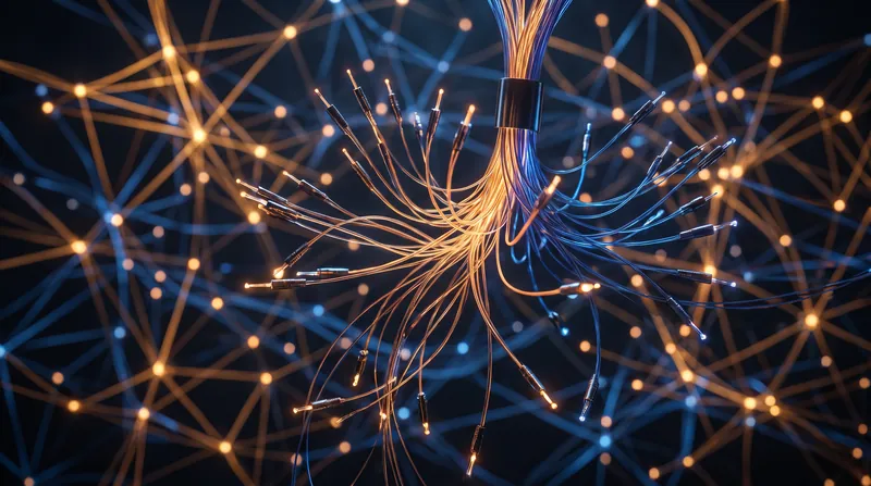 Glowing fiber optic nodes connecting in a dense web against a dark background.