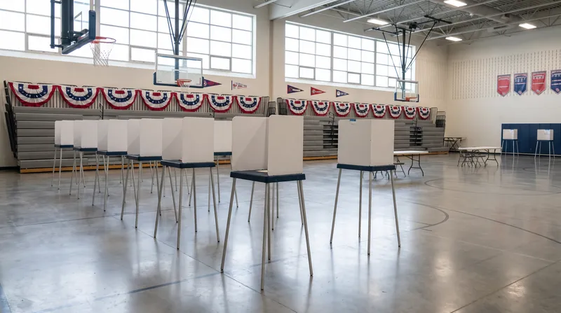 A row of empty voting booths set up on the polished floor of a school gymnasium.