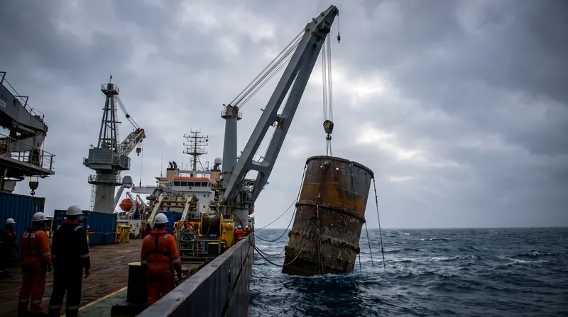 A large, white cylindrical data center pod being lowered into the ocean by a crane.
