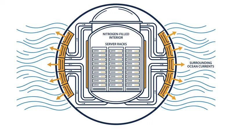 Subsea pods use a pressurized nitrogen atmosphere and external heat exchangers to cool servers without consuming fresh water.
