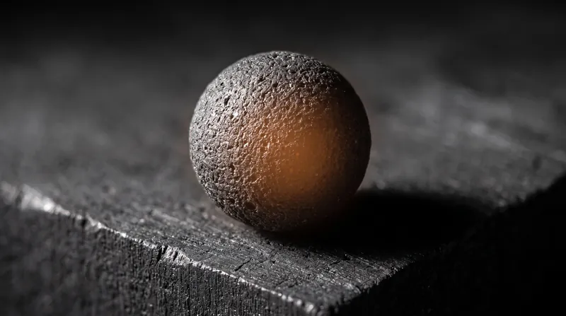 A close-up macro photograph of a perfectly spherical, glowing TRISO nuclear fuel particle resting on a dark, textured graphite surface.