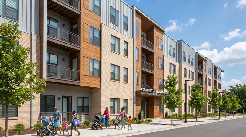 A modern, multi-story affordable housing apartment complex with families walking along the sunlit sidewalk outside.