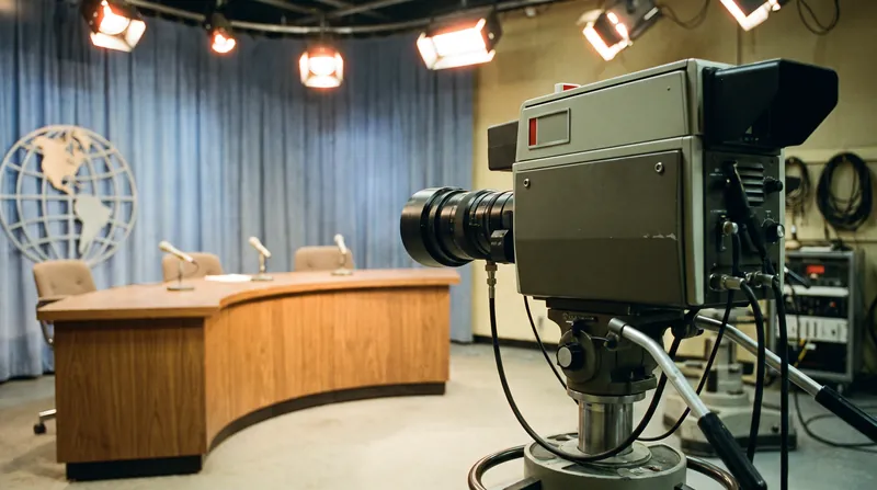 A vintage 1970s television camera points toward a brightly lit news anchor desk in a studio.