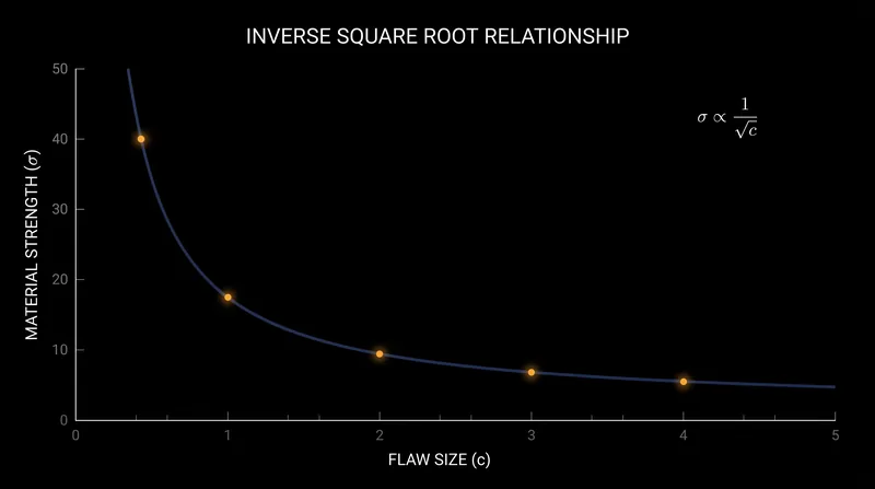 As flaw size increases, the critical stress required to fracture a brittle material drops exponentially.