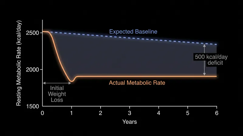 Clinical data shows that metabolic suppression can persist for years after initial weight loss, burning fewer calories than expected.
