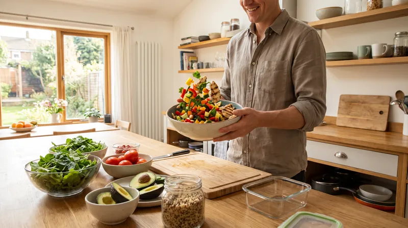 A person standing in a bright kitchen preparing a healthy meal with fresh vegetables.