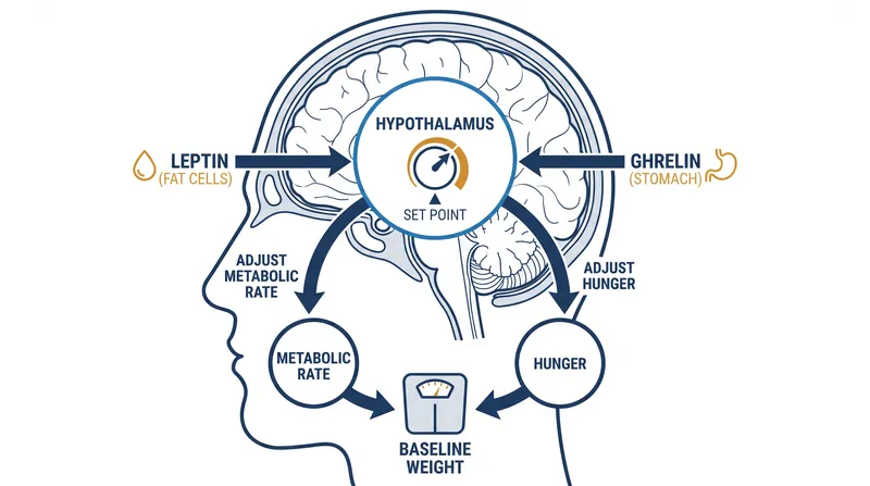 The hypothalamus acts as a biological thermostat, adjusting hunger and energy expenditure to defend a baseline weight.