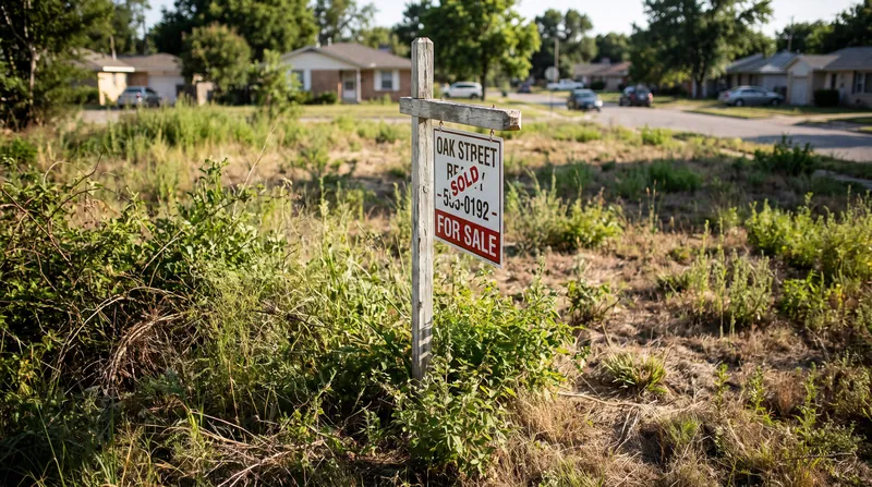A real estate 'For Sale' sign standing in an overgrown vacant lot in a residential neighborhood.