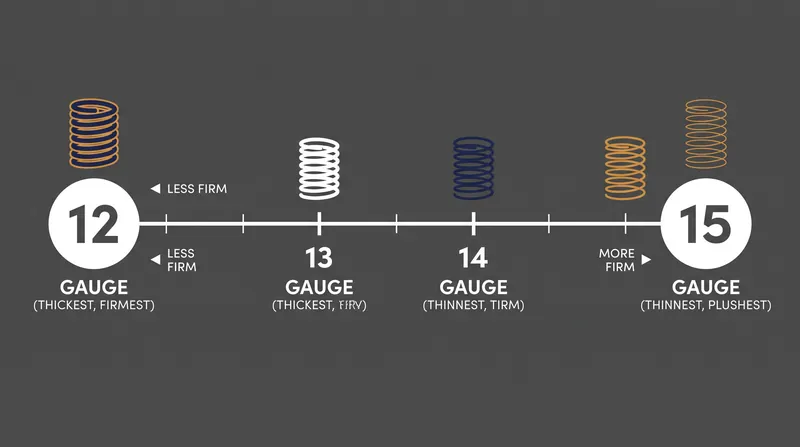 Coil gauge operates on an inverse scale: a lower number indicates a thicker, more supportive steel wire.