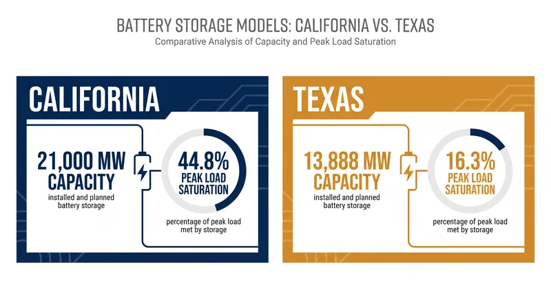 While Texas is adding raw capacity rapidly, California's mandate model has achieved a significantly higher saturation rate against its peak load.