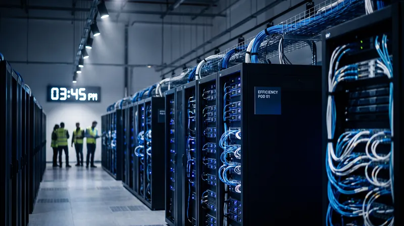 Rows of glowing blue server racks in a modern data center, representing AI compute infrastructure.
