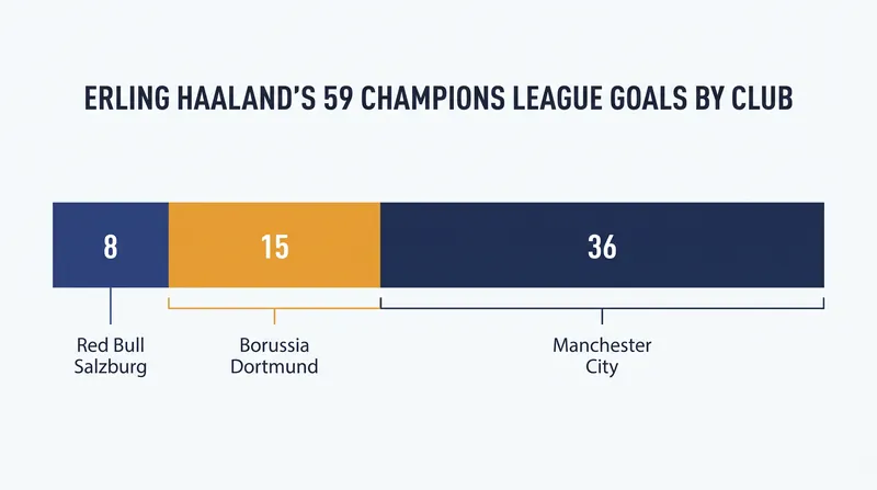The distribution of Haaland's 59 Champions League goals across his three clubs.