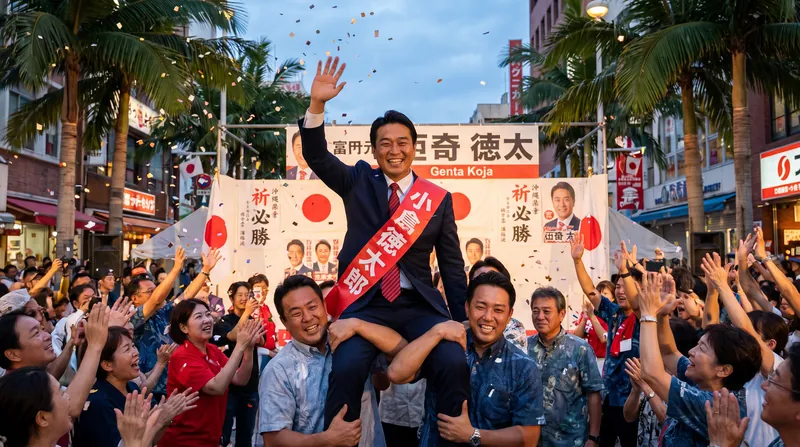 Genta Koja celebrates his victory in the Okinawa gubernatorial election surrounded by supporters.