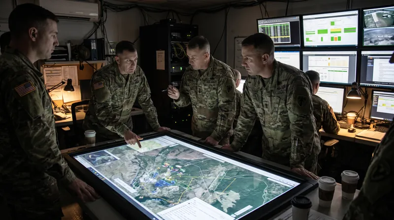 Military personnel inside a tactical operations center looking at digital maps and coordinating movements.