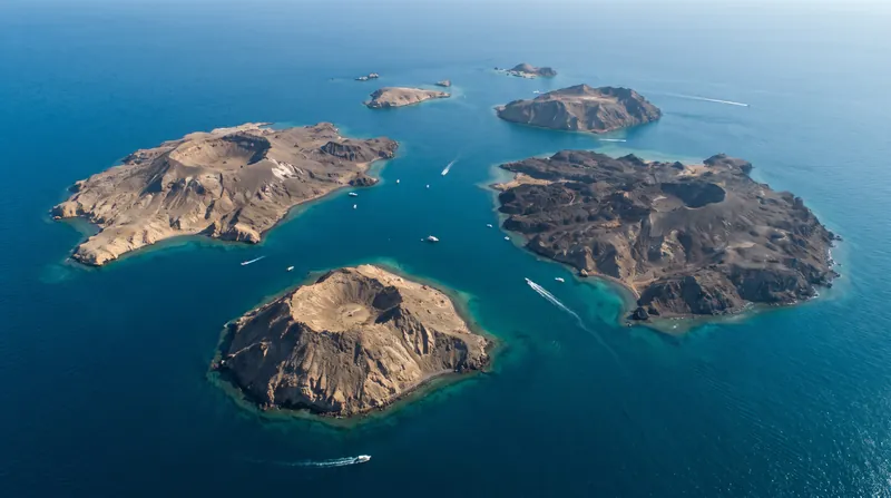 Aerial view of the rugged volcanic terrain of the Hanish Islands surrounded by the Red Sea.