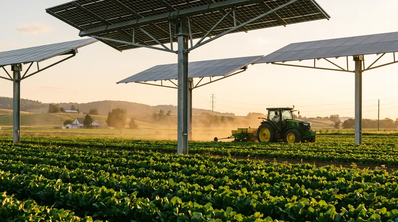Large elevated solar panels providing shade over rows of green agricultural crops on a farm.