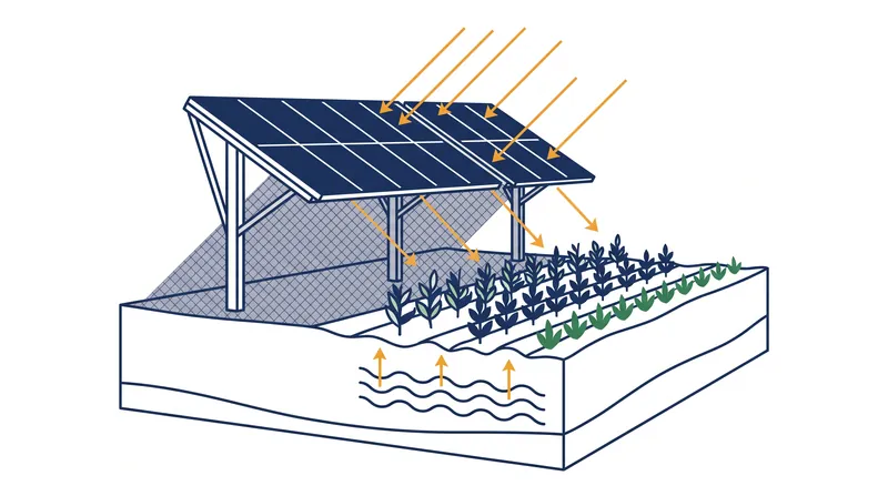 How elevated solar panels alter field hydrology by reducing evaporation and protecting crops from extreme heat.