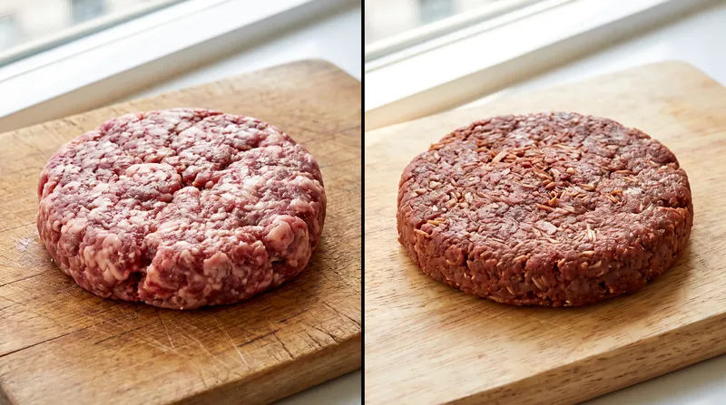 A split-screen image showing a raw beef patty on the left and a raw plant-based patty on the right, both on wooden cutting boards.
