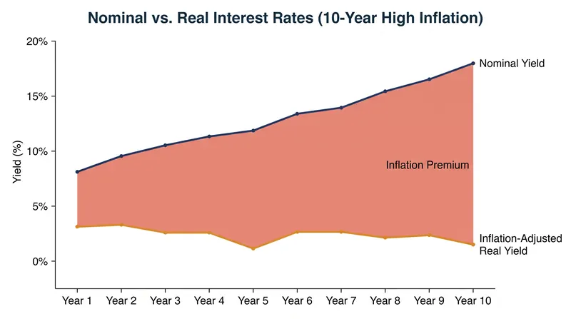 When inflation rises, the gap between the stated nominal yield and the actual real return widens significantly.