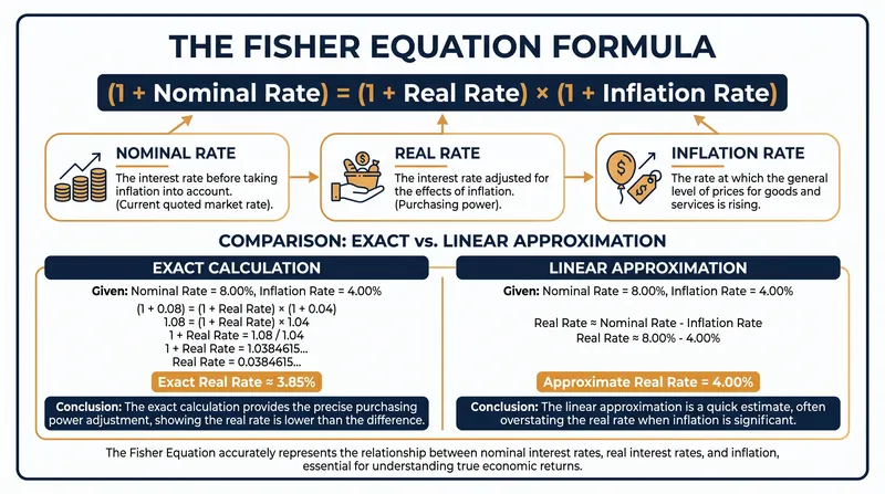 The exact Fisher equation accounts for the cross-product error that the linear approximation misses.
