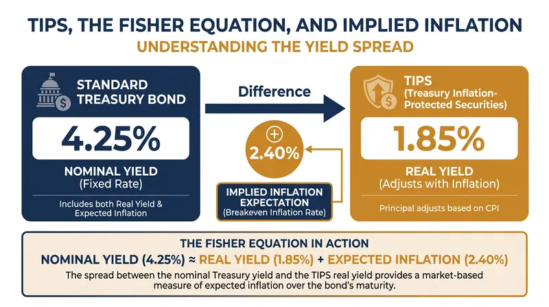 The spread between nominal Treasuries and TIPS reveals the market's exact expectation for future inflation.