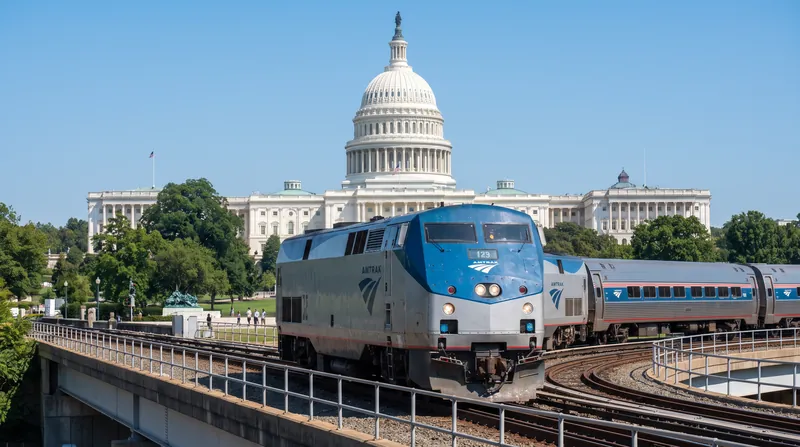 An Amtrak passenger train traveling on tracks with the United States Capitol building in the background.