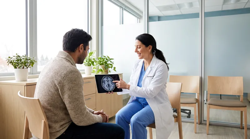A neurologist in a modern clinic reviews a brain scan on a tablet with a patient.