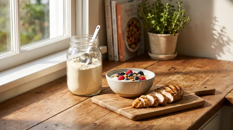 A kitchen counter displaying a grilled chicken breast, a jar of whey protein powder, and Greek yogurt.