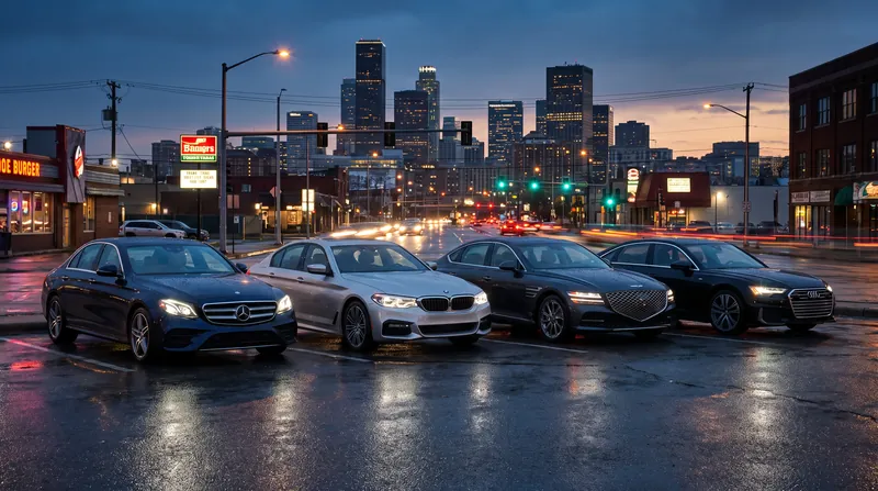 Four 2026 midsize luxury sedans parked side-by-side on a wet urban street at dusk.