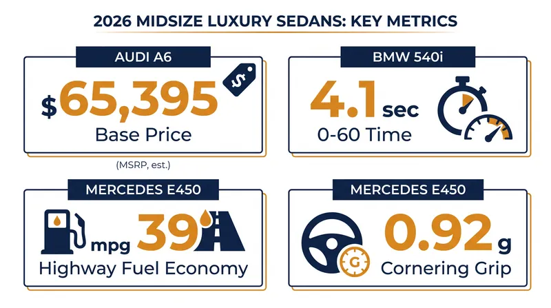 Key performance and pricing metrics across the 2026 luxury sedan segment.