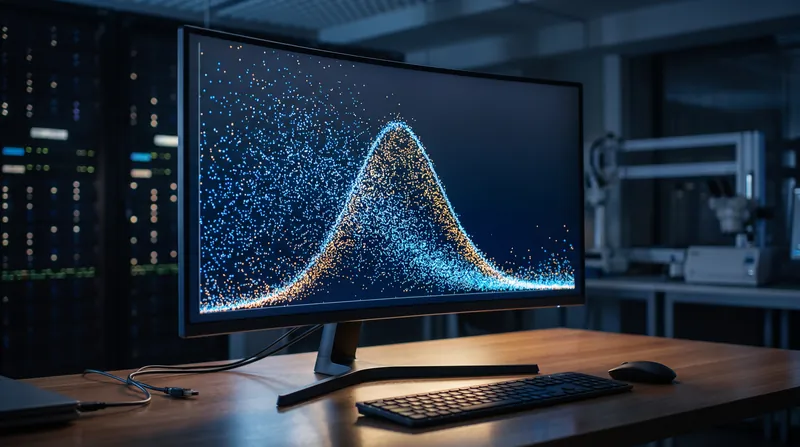 A computer monitor in a dark laboratory displaying a dense scatter plot and a bell curve.