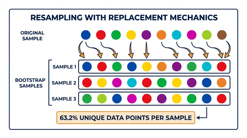 Because resampling occurs with replacement, each bootstrap sample omits roughly 36.8% of the original observations.