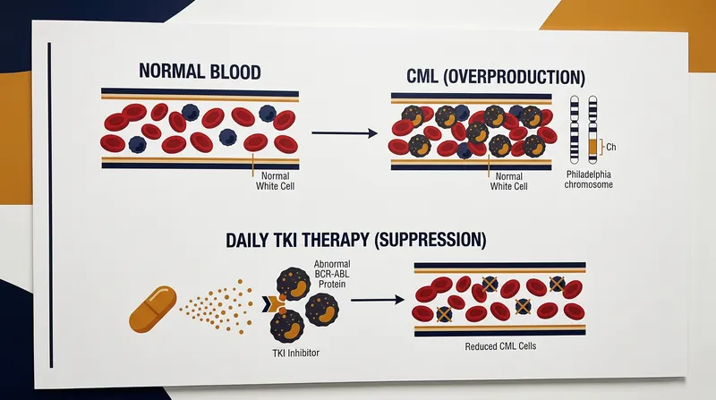 Unlike acute leukemia, CML is typically managed with daily targeted oral medications rather than systemic chemotherapy.