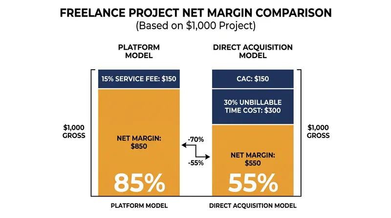 While direct acquisition avoids platform fees, the hidden costs of marketing and unbillable time often reduce the effective hourly wage.