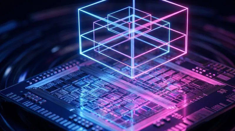 A glowing silicon processor die illuminated by neon light, with abstract wireframe boxes floating above it.