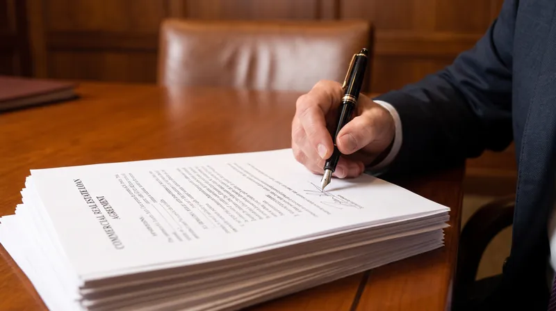 A person in a suit signing a thick stack of commercial real estate loan documents with a pen.