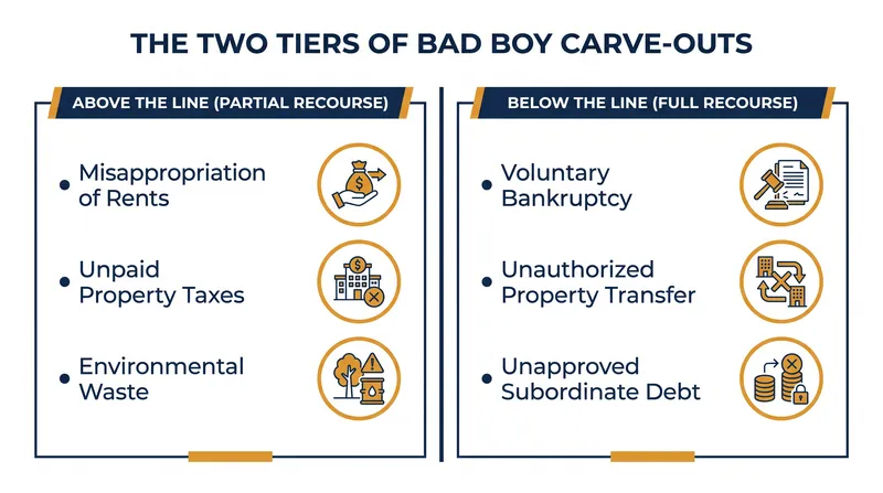 Carve-outs are generally split into partial recourse for specific damages and full recourse for actions that impair the lender's collateral.