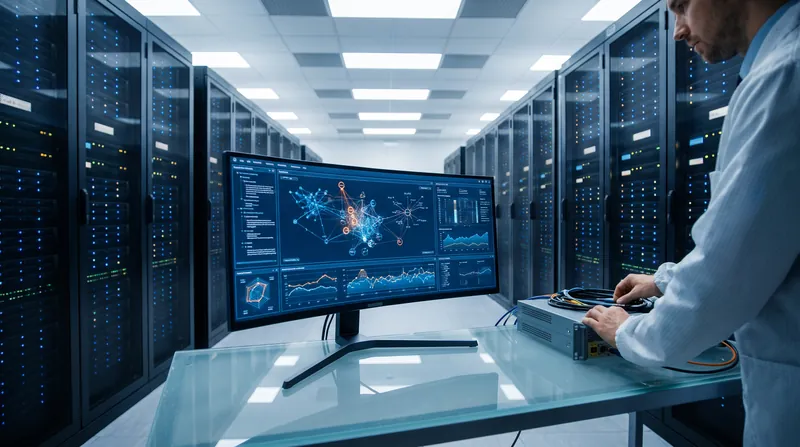 A modern server testing facility with glowing blue and amber lights on dark server racks.