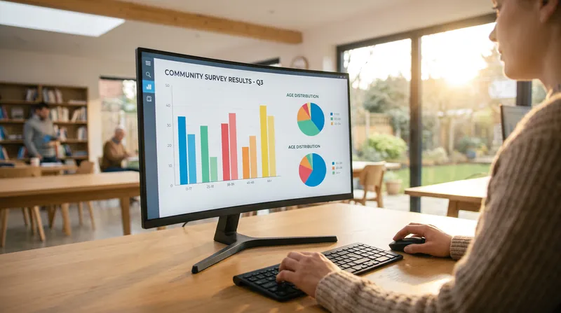 A person analyzing statistical charts and survey data on a computer monitor.
