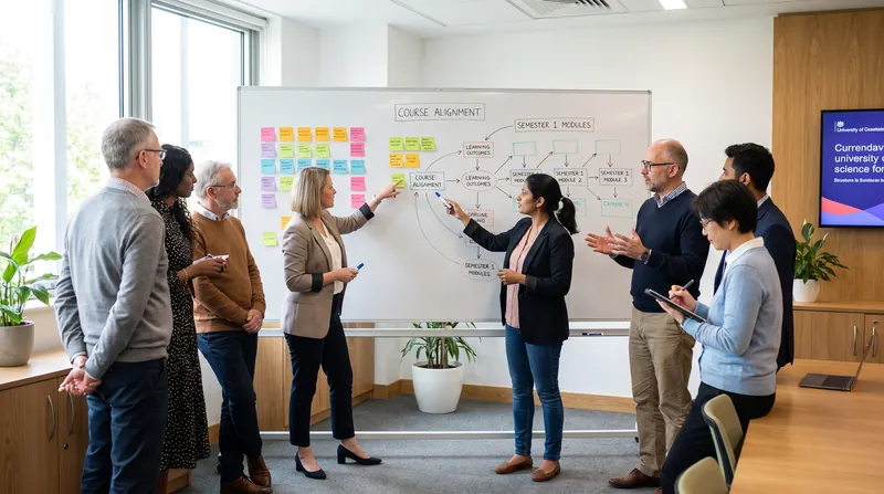A diverse group of university educators collaborating around a whiteboard covered in curriculum mapping notes.