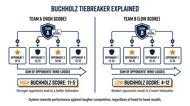 The Buchholz score calculates schedule difficulty by summing the win-loss records of a team's previous opponents.