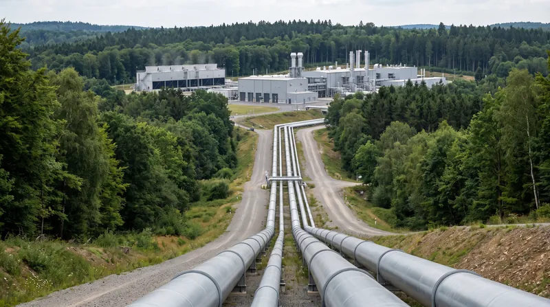 A large industrial gas pipeline corridor cutting through a forested German landscape with a compressor station.