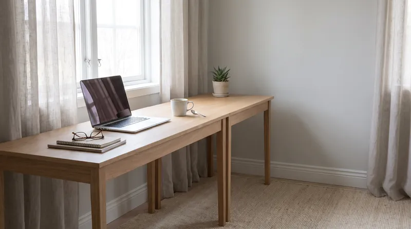 A clean, minimalist home office desk featuring a laptop and a cup of coffee bathed in natural light.