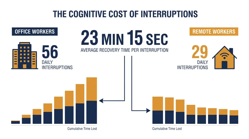 The 27-interruption differential between office and remote environments dictates total daily output.