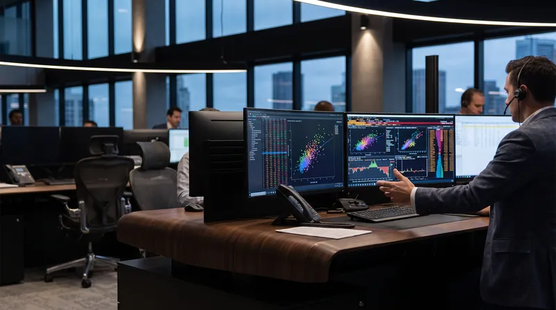 Multiple glowing computer monitors displaying complex financial charts and scatter plots in a dark trading room.