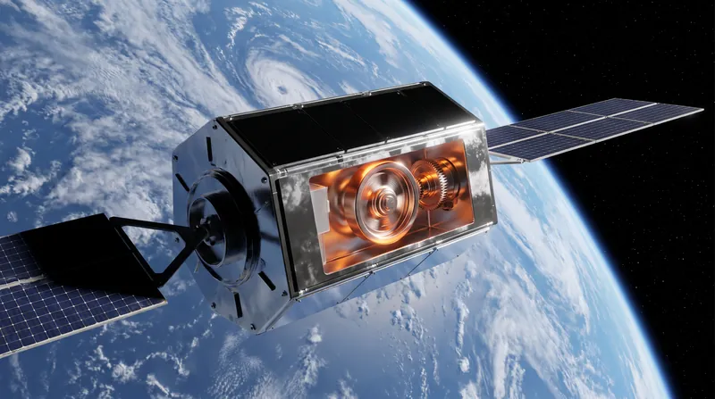 A gold-foil wrapped satellite in orbit above Earth, highlighting its internal mechanical orientation systems.