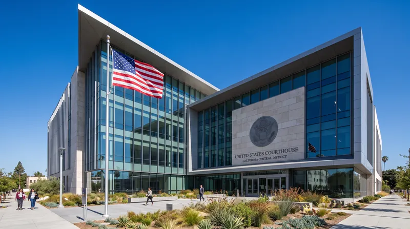 Exterior view of a modern federal courthouse building in San Jose, California under a clear blue sky.