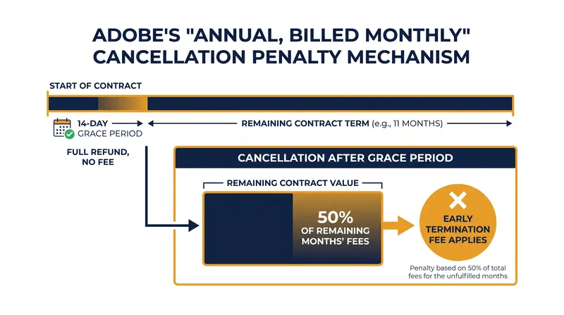 The structure of Adobe's early termination fee for its annual, billed monthly plans.