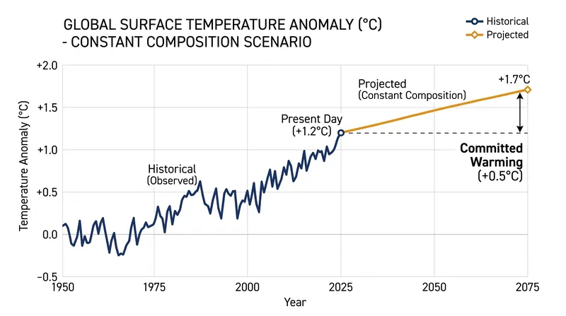 If atmospheric greenhouse gas concentrations remained frozen at current levels, the ocean's thermal inertia would drive an additional 0.5°C of surface warming.