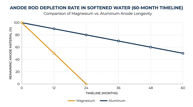 In highly conductive softened water, magnesium rods deplete rapidly, while aluminum rods offer extended longevity.